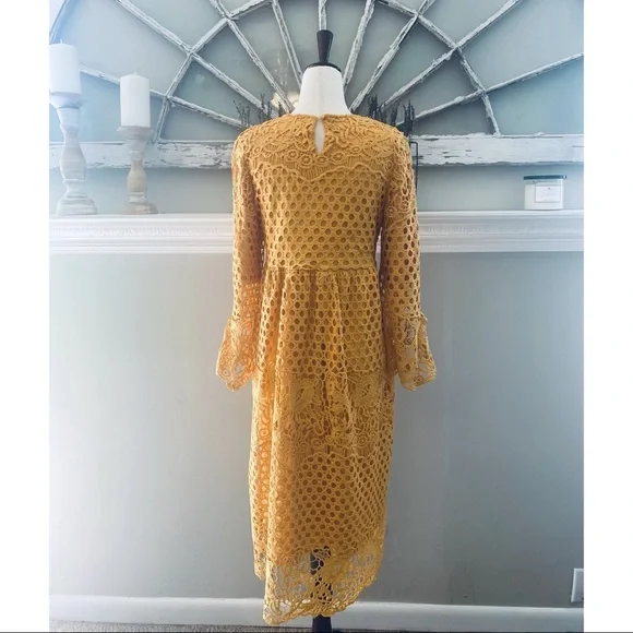 Orange Creek Mustard Lace Midi Dress Size Small - Picture 4 of 16